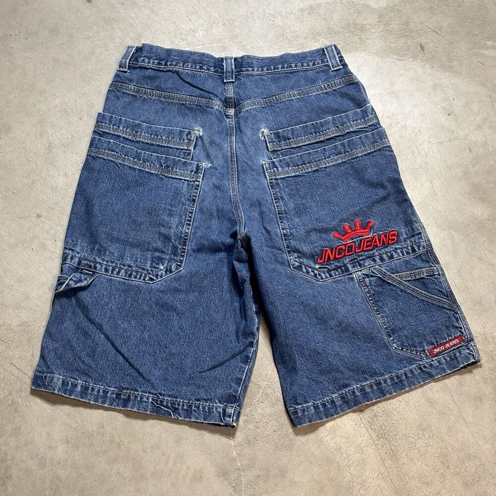 Vintage JNCO Jeans Shorts Mens 31 Blue Denim Y2K 90s Baggy Wide Embroidered
